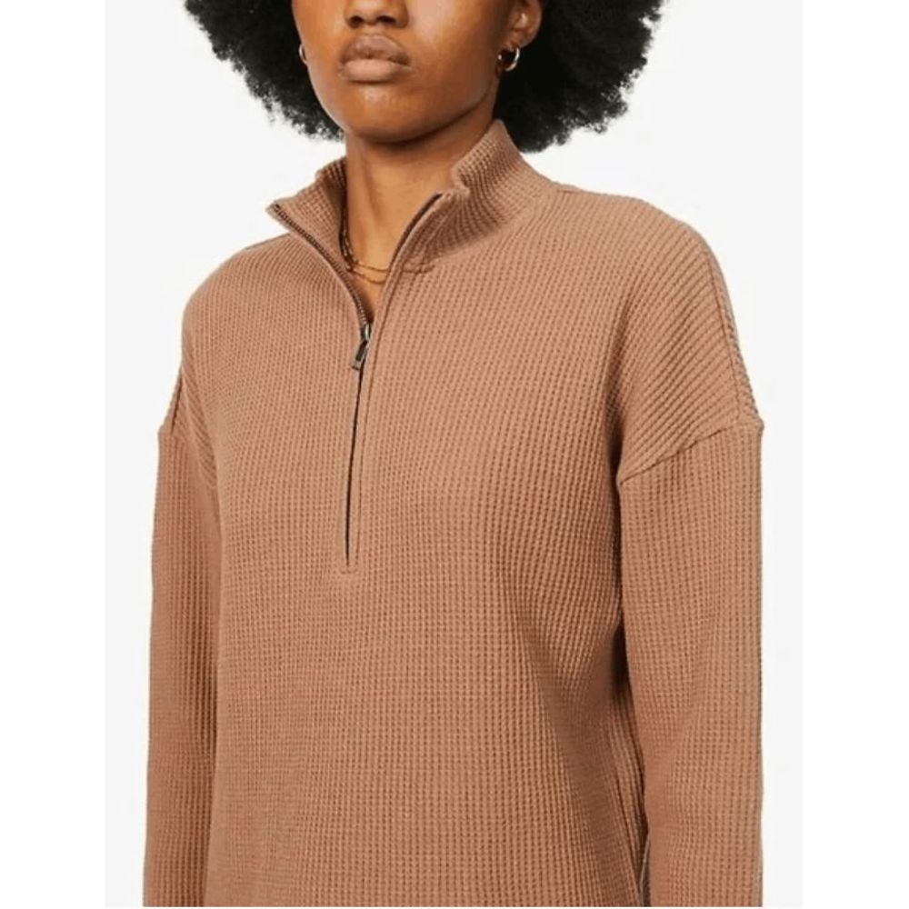 Reformation Waffle-Knit Half-Zip Sweater in Camel Brown